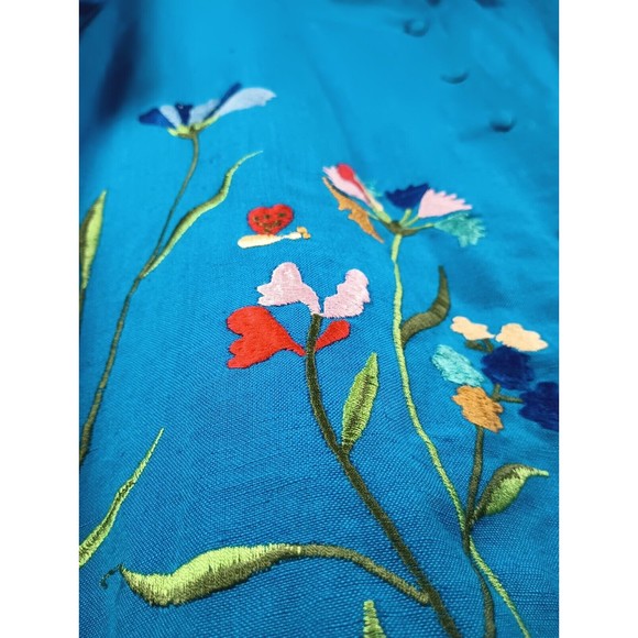 Halmore Plus Women's Sz 20W Blue Linen Blend Shirt Floral Embroidered Blouse - Picture 3 of 15